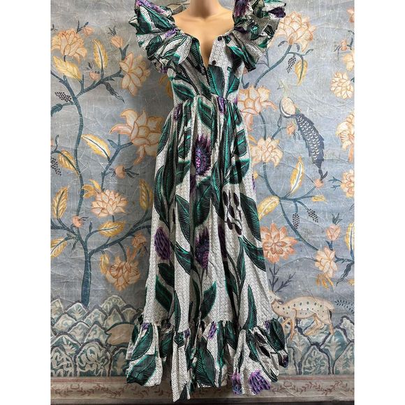 Anthropologie SIKA Off-The-Shoulder Ruffle Printed Maxi Dress Size 0 - Picture 6 of 10